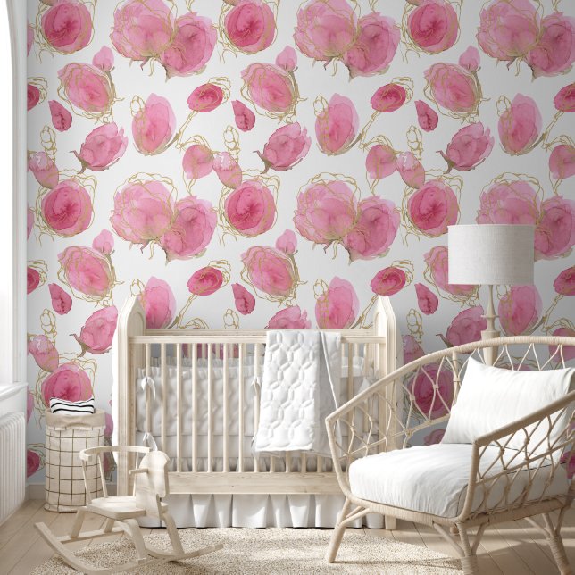 Blush Floral Roses and Gold Girl Nursery Wallpaper (Kids)