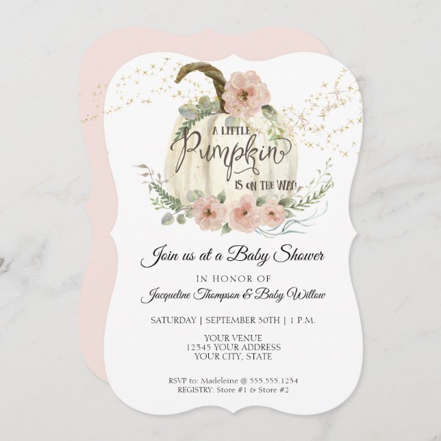 Blush Floral Roses Fall White Pumpkin Baby Shower Invitation (Front/Back)