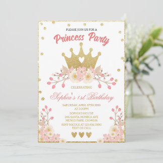 Blush Floral Royal Crown Princess Birthday Party Invitation