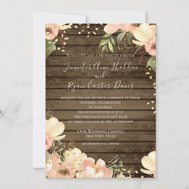 Blush Floral Rustic Wood Watercolor Wedding Invitation (Front)