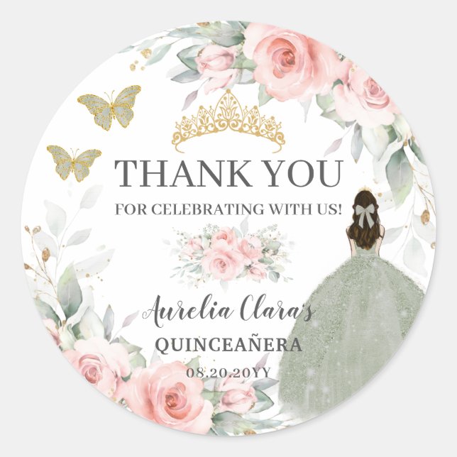 Blush Floral Sage Green Gold Quinceanera Sweet 16  Classic Round Sticker (Front)