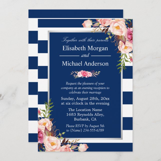 Blush Floral Silver Navy Blue Stripes Wedding Invitation (Front/Back)