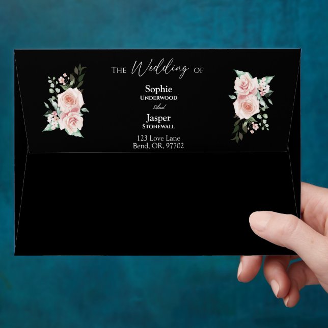 Blush Floral Simple Black Wedding Envelope (Hand)