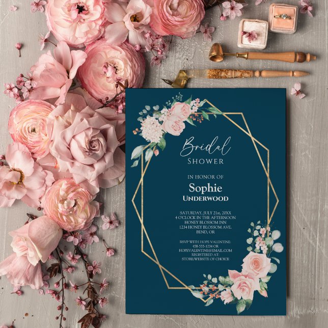 Blush Floral Simple Navy Wedding Bridal Shower Invitation (Creator Uploaded)
