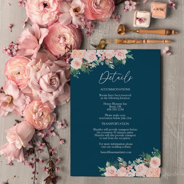 Blush Floral Simple Navy Wedding Details Enclosure Card (Creator Uploaded)
