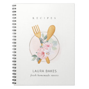 Blush Floral Spoon Fork Bakery Catering Recipe Notebook