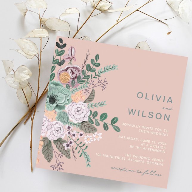 Blush Floral Square Wedding Elegant Invitation (Creator Uploaded)