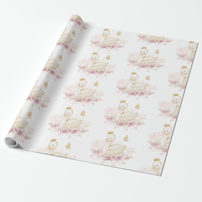 Blush Floral Swan Princess Baby Shower Birthday Wrapping Paper (Unrolled)