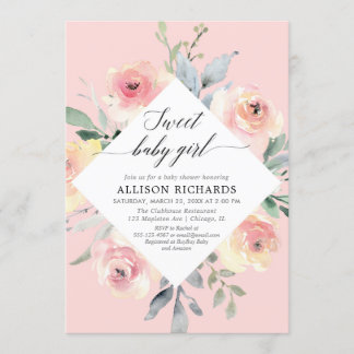 Blush floral sweet baby girl baby shower invitation