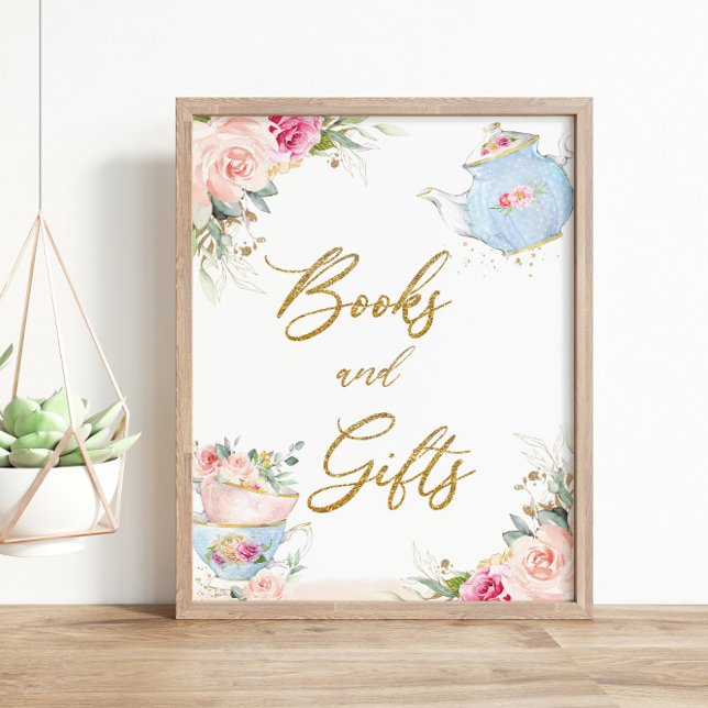 Blush Floral Tea Party Books and Gifts Baby Shower Poster (Creator Uploaded)