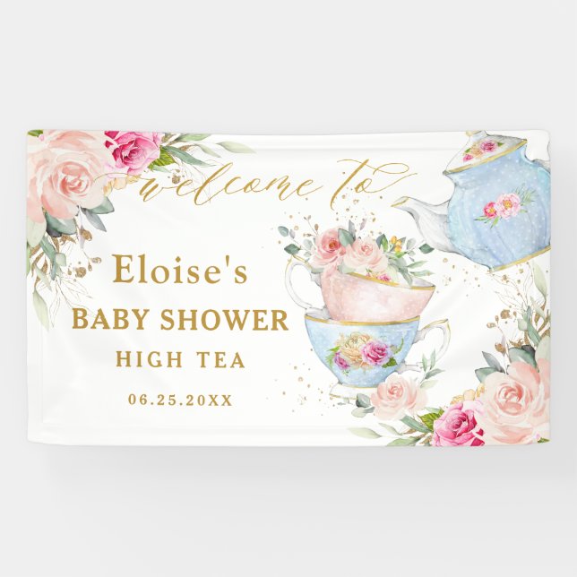 Blush Floral Tea Party Bridal Baby Shower Backdrop Banner (Horizontal)