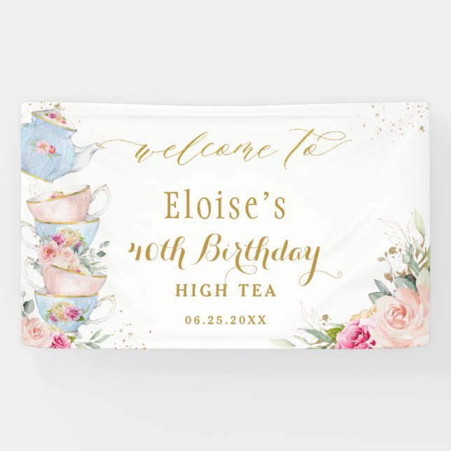 Blush Floral Tea Party Bridal Baby Shower Backdrop Banner (Horizontal)