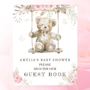 Blush Floral Teddy Bear Baby Shower Guest Book