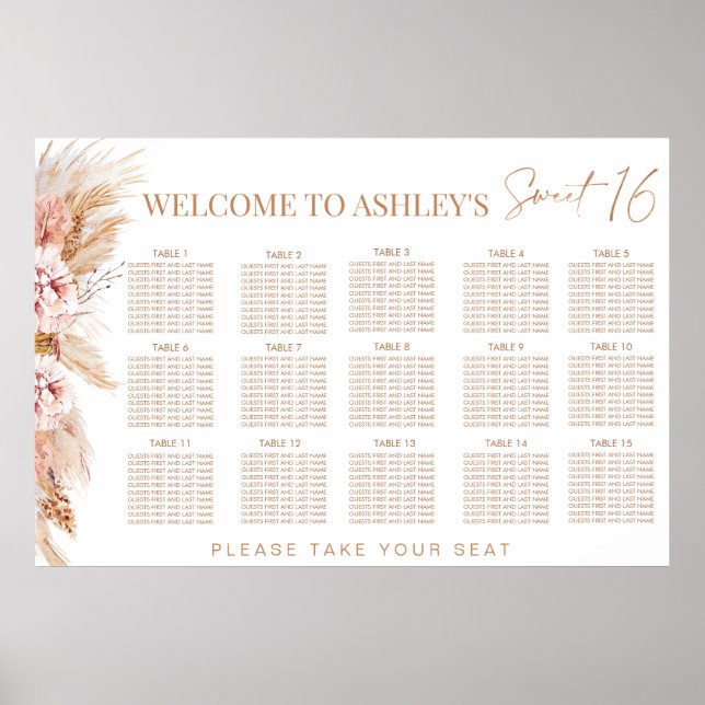 Blush Floral Terracotte Sweet 16 Seating Chart  (Front)