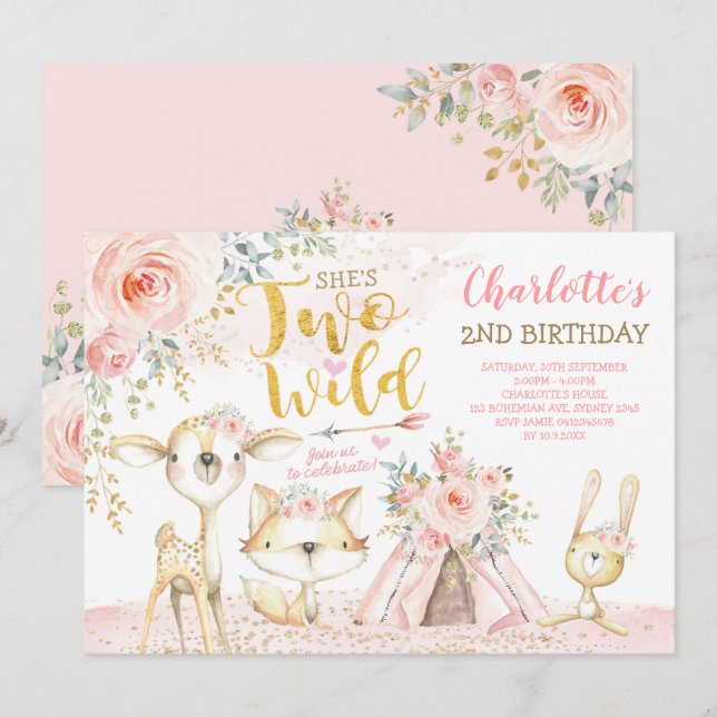 Blush Floral Tribal Woodland Two Wild 2nd Birthday Invitation (Front/Back)