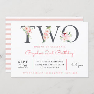 Blush Floral TWO 2nd Birthday Party Invitation