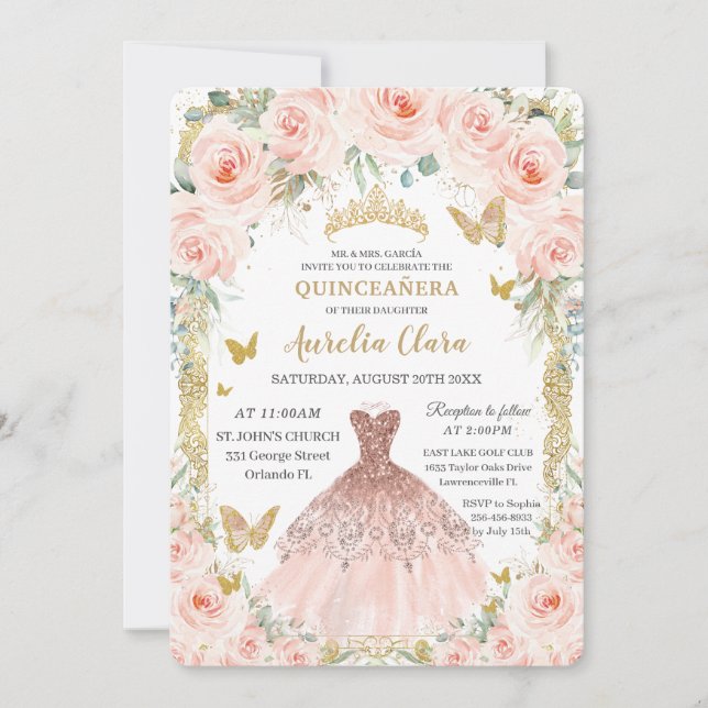 Blush Floral Vintage Rose Gold Dress Quinceañera  Invitation (Front)