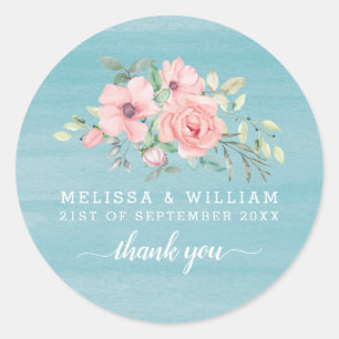Blush Floral Watercolor Aqua Wedding Thank You Classic Round Sticker