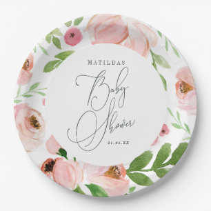 Blush floral watercolor Baby shower Paper Plate