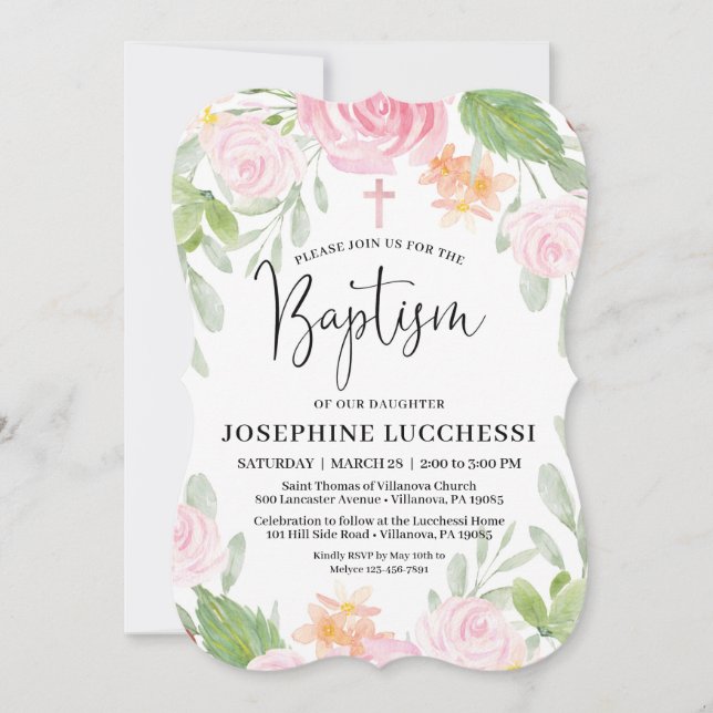 Blush Floral Watercolor Baptism Invitation  (Front)