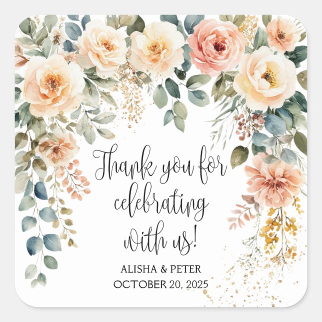 Blush Floral Watercolor Flat Thank You  Square Sticker (Front)