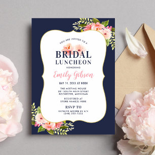 Blush Floral Watercolor Navy Bridal Luncheon Invitation