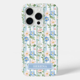 Blush Floral Watercolor Striped Personalised iPhone 15 Pro Case