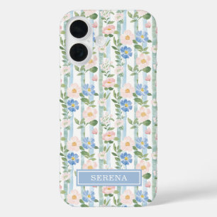 Blush Floral Watercolor Striped Personalised iPhone 16 Case