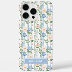 Blush Floral Watercolor Striped Personalised iPhone 16 Pro Max Case