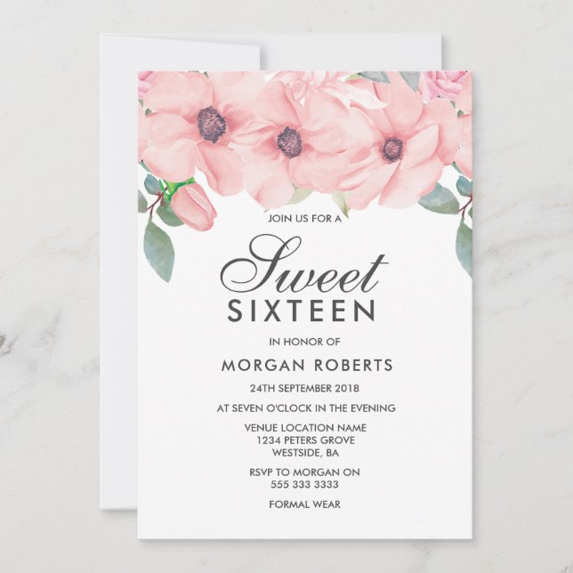 Blush Floral Watercolor Sweet 16 Invitation (Front)