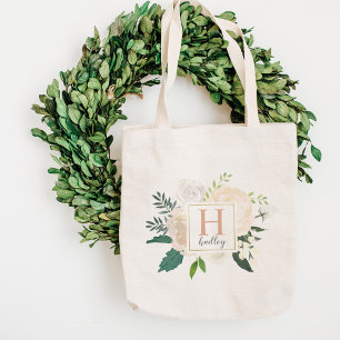 Blush Floral Watercolor Wedding Bridesmaid Initial Tote Bag