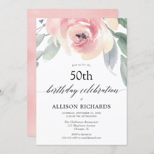 Blush floral watercolor women adult birthday party invitation