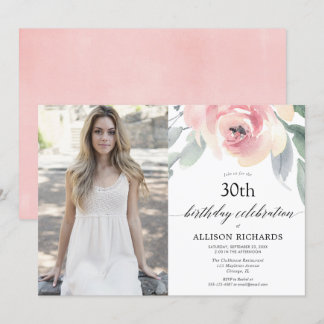 Blush floral watercolor women adult birthday photo invitation