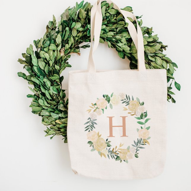 Blush Floral Watercolor Wreath Bridesmaid Initial Tote Bag (Creator Uploaded)