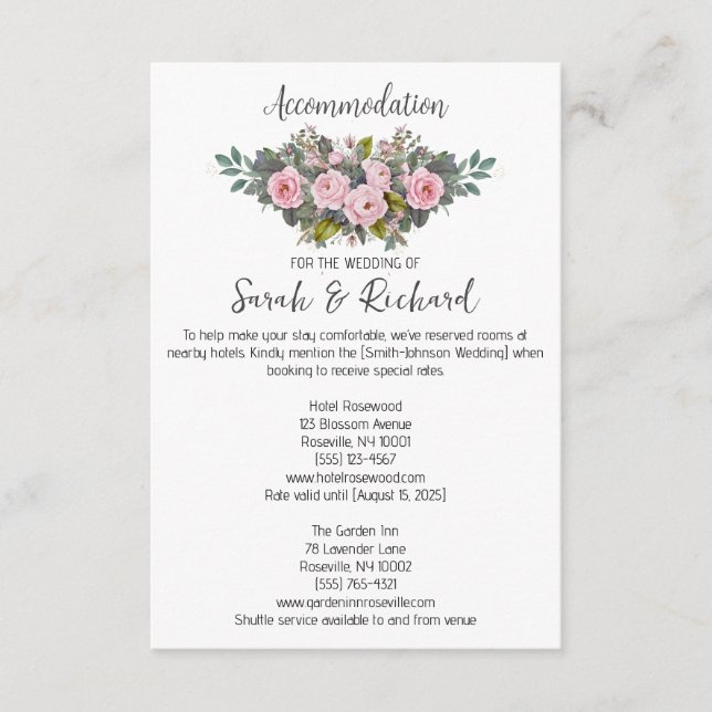 Blush Floral Wedding Accommodations Enclosure Card (Front)