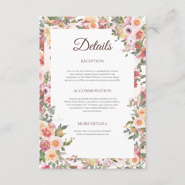 Blush Floral Wedding Details Card (Front)