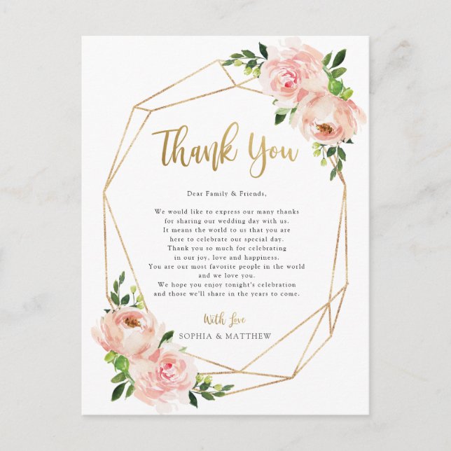 Blush Floral Wedding Geometric Thank You Post Card (Front)