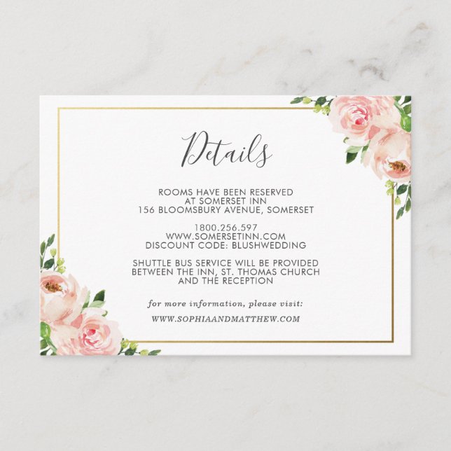 Blush Floral Wedding Guest Details Information Enclosure Card (Front)