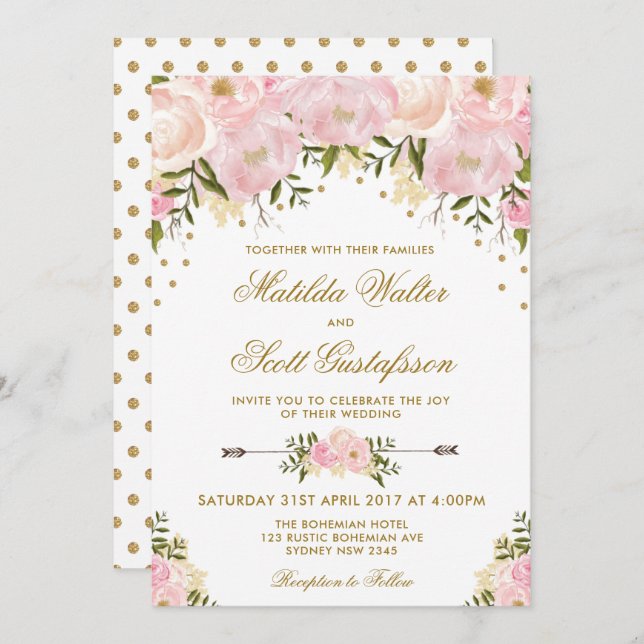 Blush Floral Wedding Invitation Pink Gold Flowers (Front/Back)
