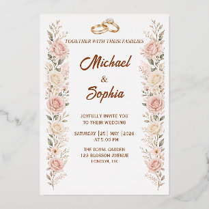 Blush Floral Wedding Invitation with Gold Rings