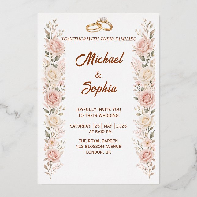 Blush Floral Wedding Invitation with Gold Rings (Front)
