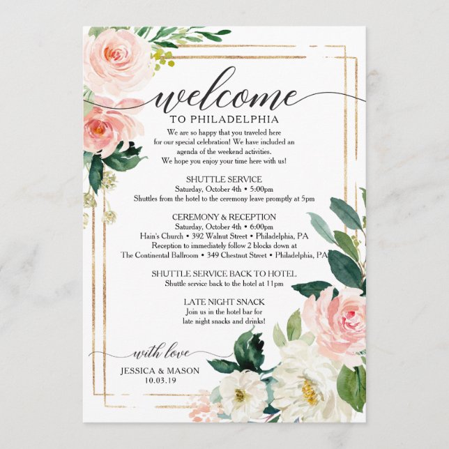 Blush Floral Wedding Itinerary - Wedding Welcome Programme (Front)