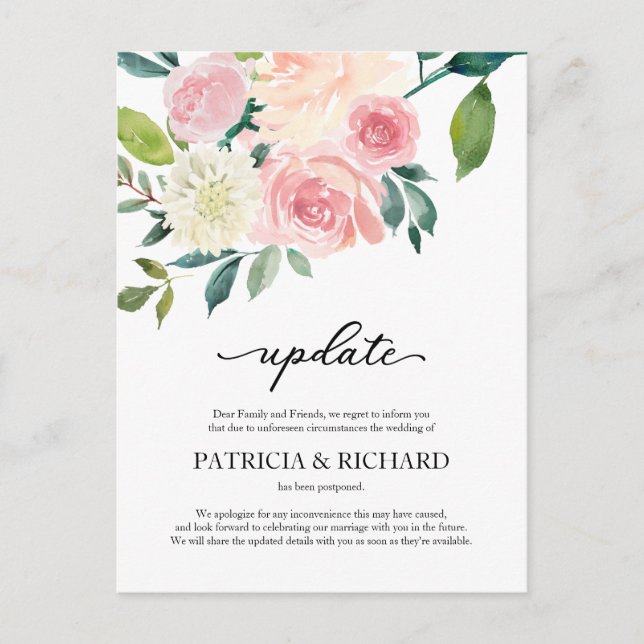 Blush Floral Wedding Postponement Update Postcard (Front)
