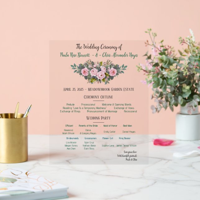 Blush Floral Wedding Program Acrylic Sign (Wedding)