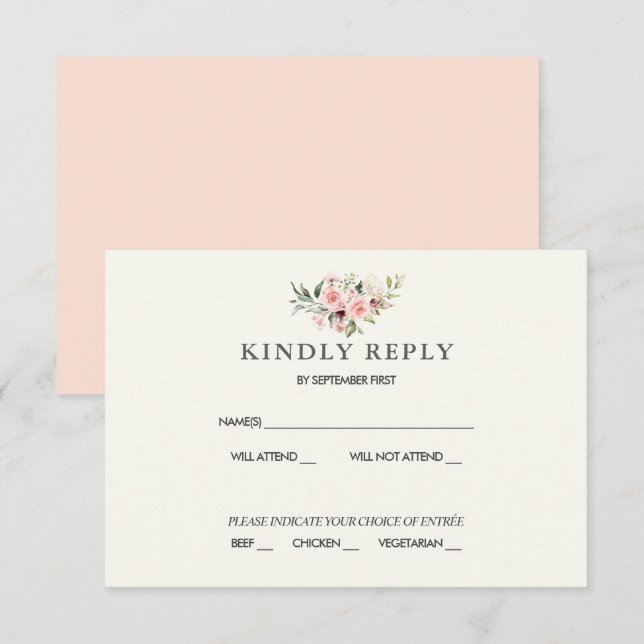 Blush Floral Wedding RSVP Card - Cream (Front/Back)