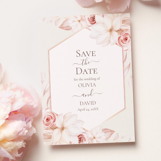 Blush Floral Wedding Save the Date Card (Boho Beige and Pink Roses Save the Date Card on pale pink table with pink roses.)