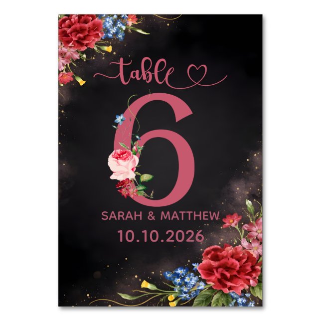 Blush Floral Wedding Table Number  6 Card (Front)