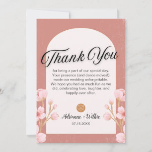 Blush Floral Wedding Thank You Card with Photo