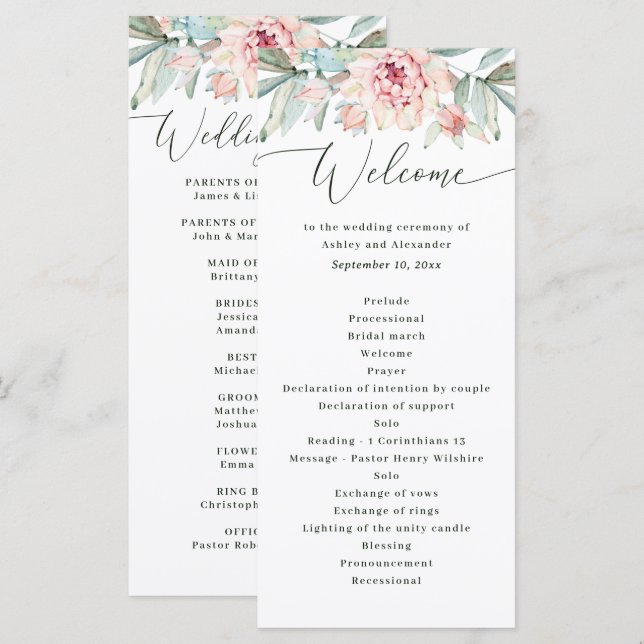 Blush Floral Wedding. Watercolor Elegant Botanical Programme (Front/Back)