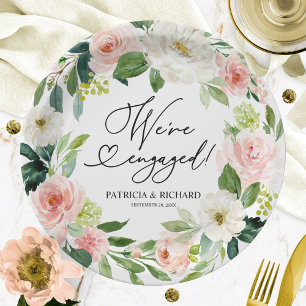 Blush Floral We're Engaged Engagement Party Paper Plate